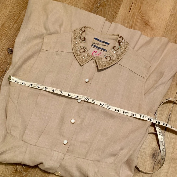 Vintage 1940’s 50s rhinestone beads linen dress pleats buttons Medium M 28”w VLV - Picture 5 of 12